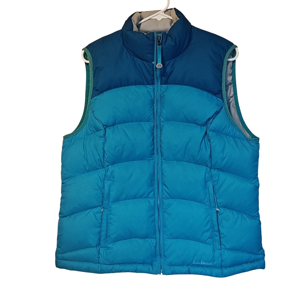 LL Bean Puffer Vest Women Large Blue Two Tone Goose Down Full Zip OFJT1